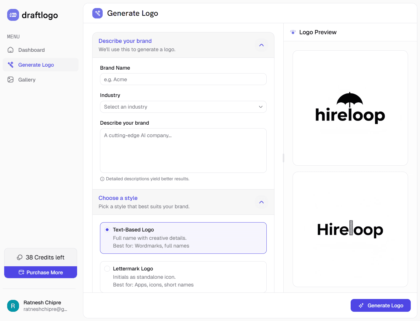 AI-powered logo generator for startups - generate professional logos in seconds